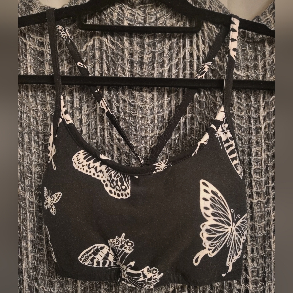 Black Butterfly Print Bralette Top Medium